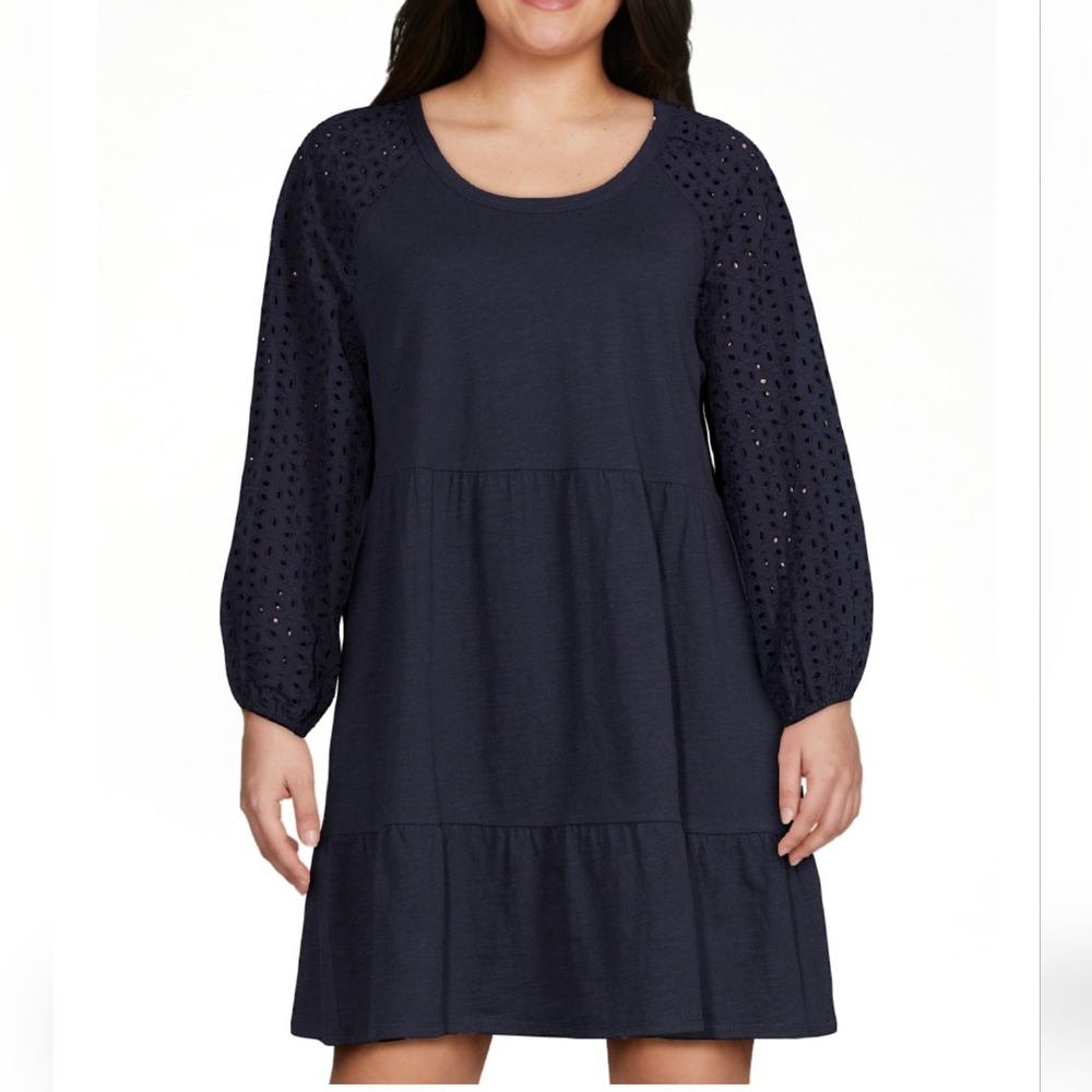 Time And Tru dark blue navy babydoll dress eyelet sleeves size small